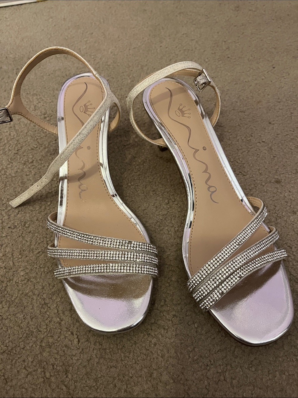Nina Shoes Iridescent Silver Rhinestone Strappy Heels